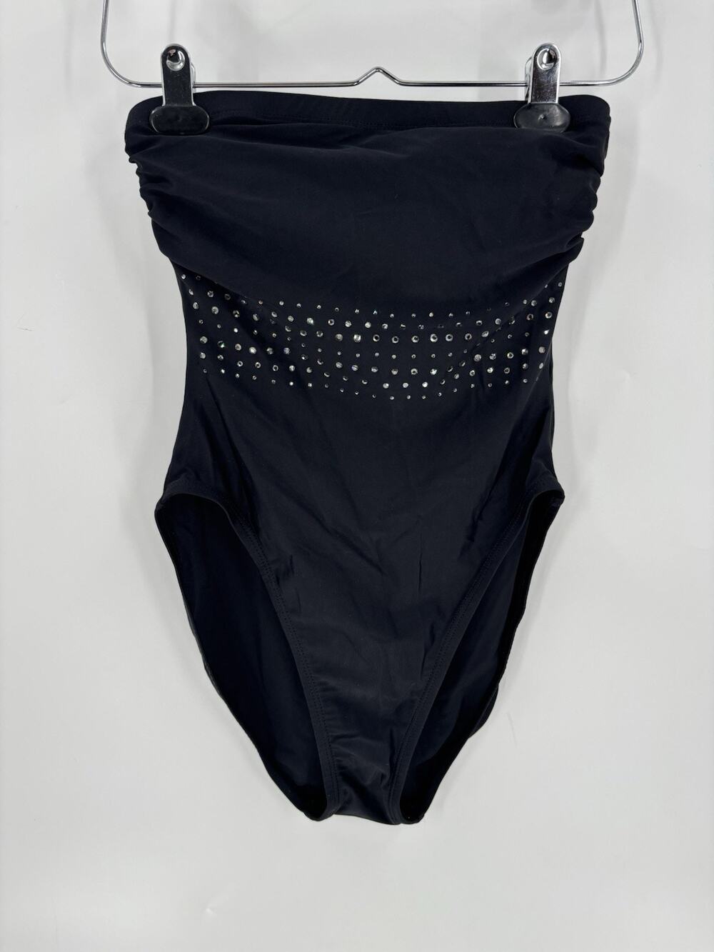 Vintage Anne Cole Swimsuit 10 Black Rhinestone Slimming One Piece Strapless